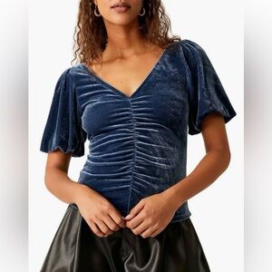 NWT! Free People Ruched Velvet V-Neck Top in Outerspace / Size X-Small